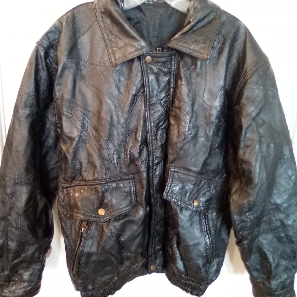 Men's Classic Black Leather Bomber Jacket Size Large By Giavanni Navarre